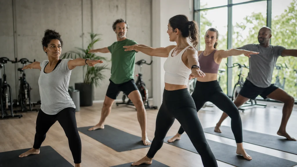 Cours collectif de fitness dans une salle lumineuse avec tapis et vélos indoor