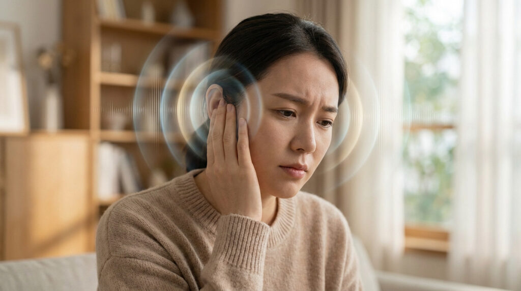 Uma mulher toca a orelha com expressão preocupada, ondas sonoras etéreas ao redor, sugerindo desconforto interno ou um estalo.