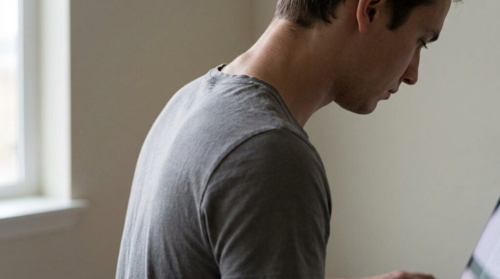 Side profile of an individual with poor posture, featuring rounded shoulders and a forward head. Soft light highlights the neck and upper back.