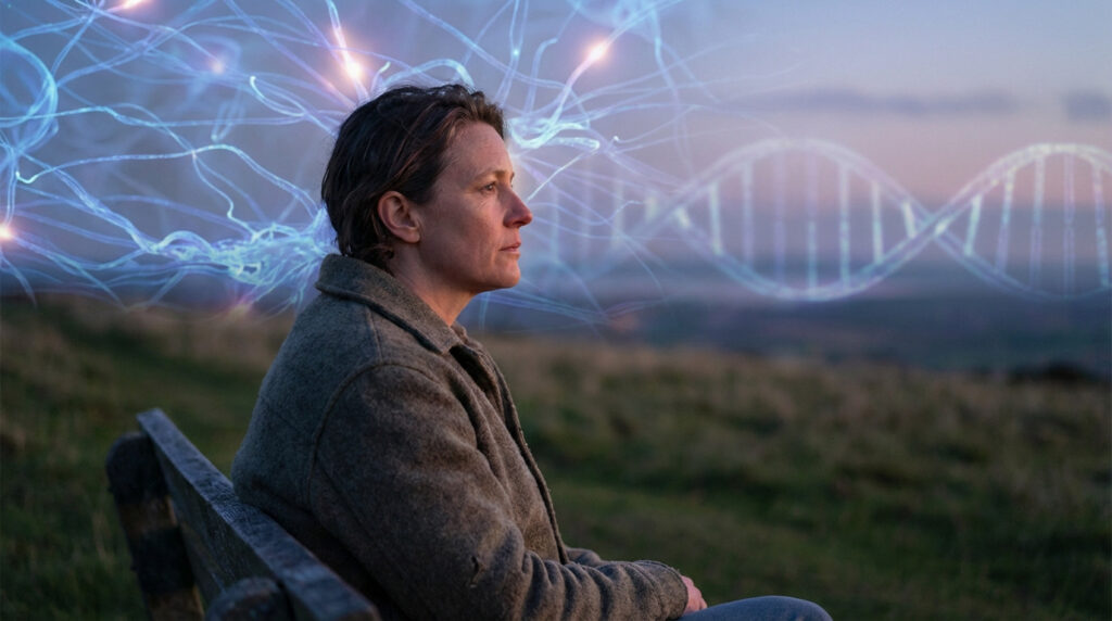 Contemplative woman, 40s/50s, looking into distance. Glowing neural networks and DNA helix symbolize genetic factors, brain health.