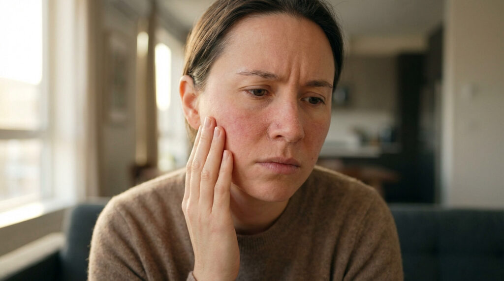 Close-up of an adult with a concerned expression, gently touching their cheek, which shows diffuse redness and irritation. Soft lighting.