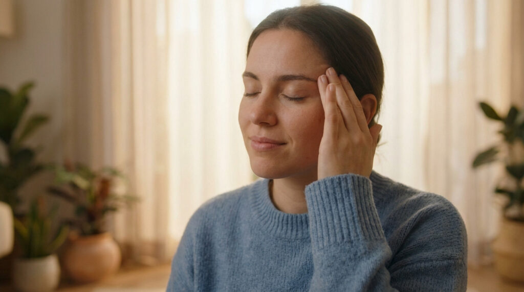 A woman with closed eyes gently presses her temple, conveying calm and relief from a headache. Soft, warm light, tranquil background.