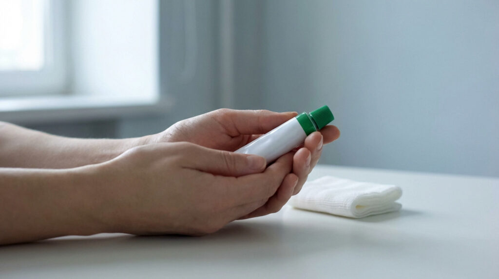 Hands gently hold a white tube of healing cream with a green cap, next to a folded white bandage on a light surface.