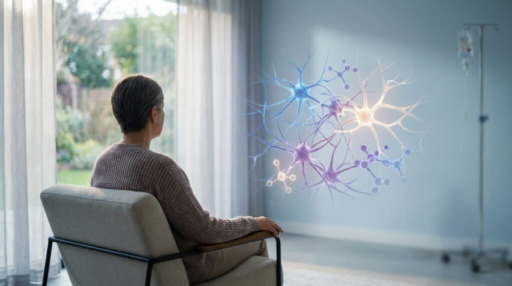 Person calmly seated in a bright room, looking out. Glowing neural pathways signify ketamine's action. Discreet IV pole visible.