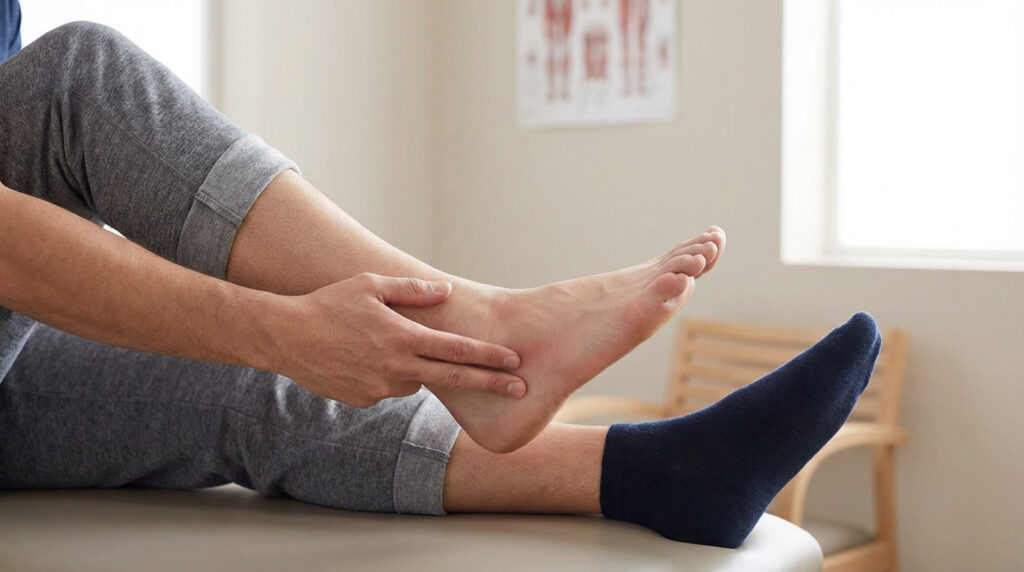 Close-up of a person's hands gently touching their outer foot, showing subtle redness and swelling, indicative of pain and a Jones fracture symptom.