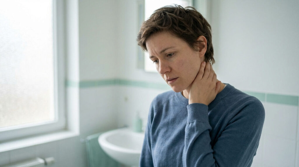 Thoughtful individual touching their neck in a bright, modern bathroom with soft light, conveying self-assessment.