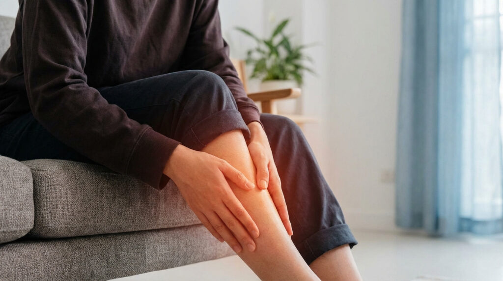 A person gently touches their lower leg, which subtly glows reddish-orange, indicating a burning sensation, in a soft-lit room.