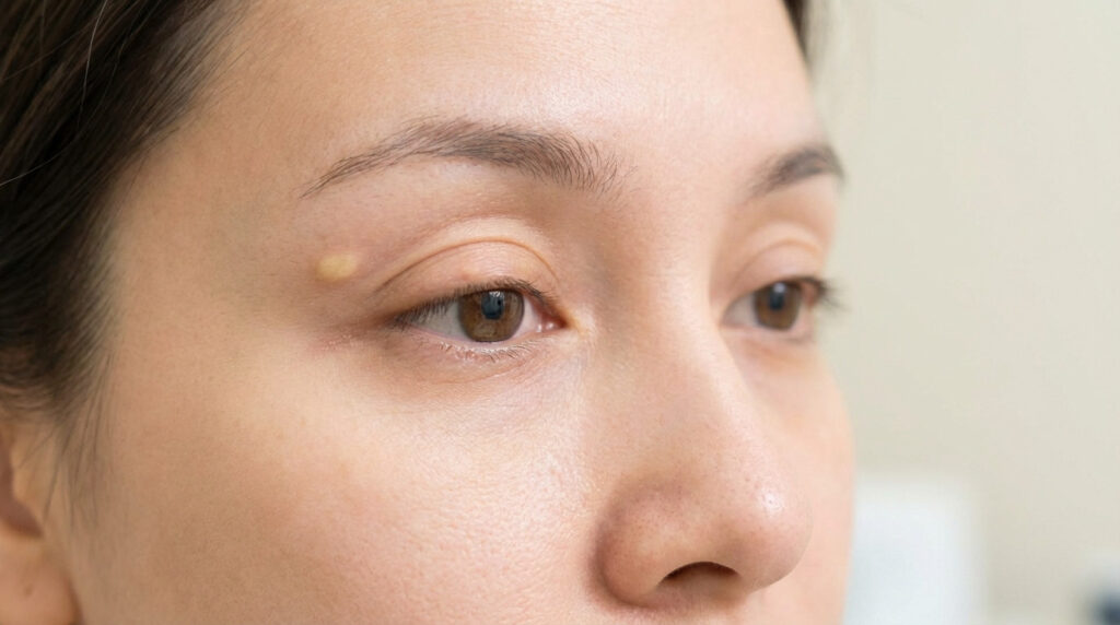 Close-up of an eye with a subtle pale yellow xanthélasma on the upper eyelid. Clean skin, neutral expression, blurred background.