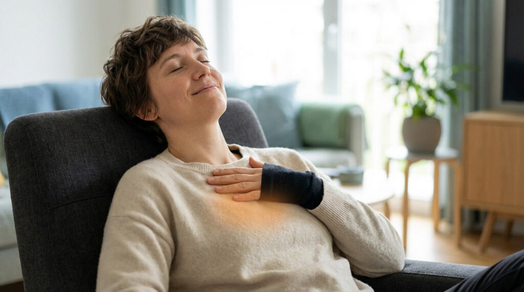 Persona sentada con expresión serena y mano en el pecho, emanando luz cálida, en un ambiente tranquilo y moderno.