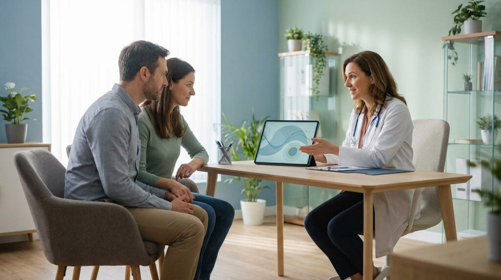 A female doctor with a reassuring expression explains a fertility diagram on a tablet to a hopeful couple.