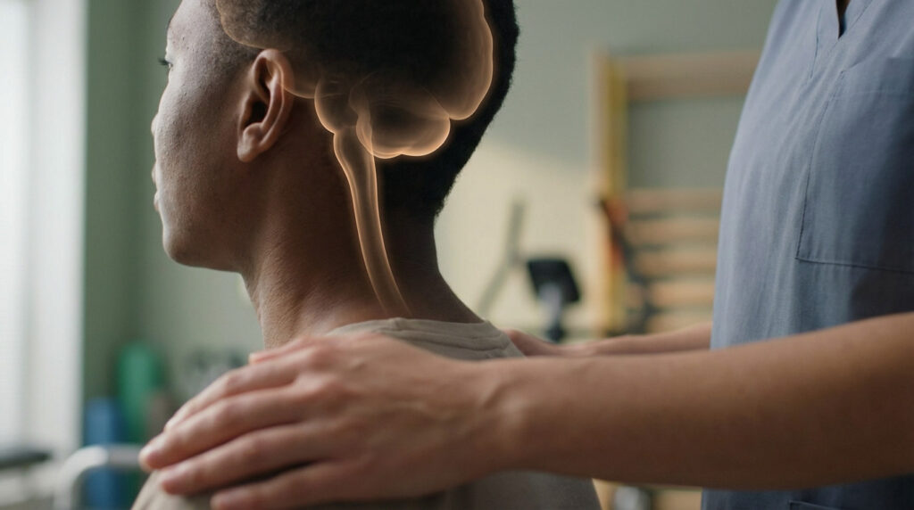 Profile of person with glowing brainstem overlay, hands on shoulders, symbolizing medical care and recovery in a blurred setting.