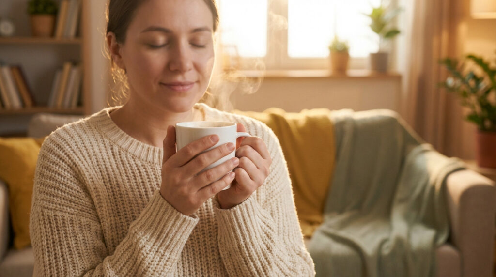 A serene woman in a soft sweater holds a steaming white mug, eyes closed, in a warm, golden-lit room, embodying comfort and relief.