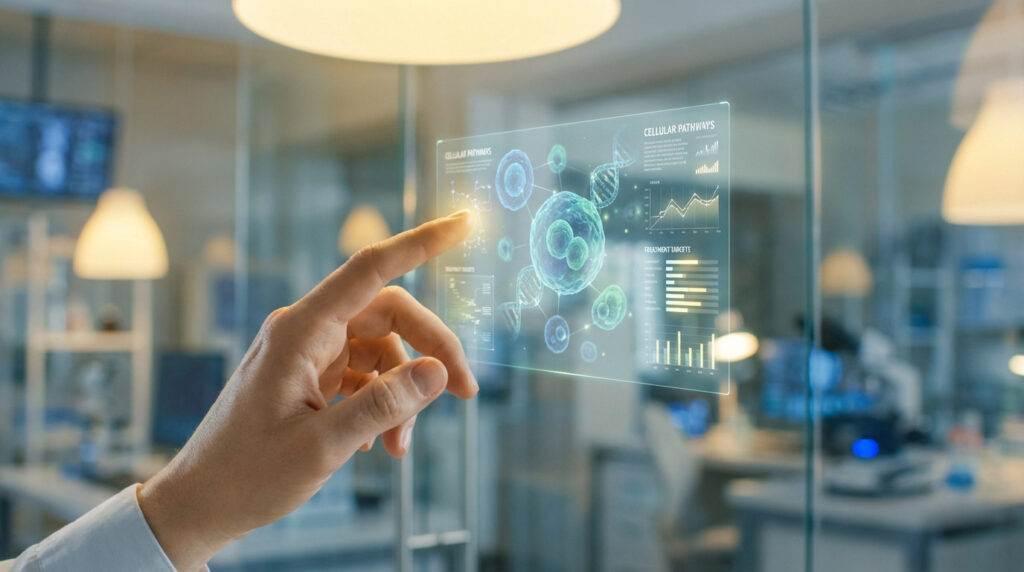 Close-up of a hand interacting with a glowing holographic display showing cellular pathways and medical data in a bright, modern lab.