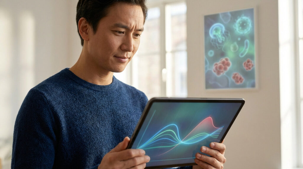 Thoughtful man viewing a tablet with an abstract health graph showing an upward trend. Soft-focus background shows stylized microscopic cells.