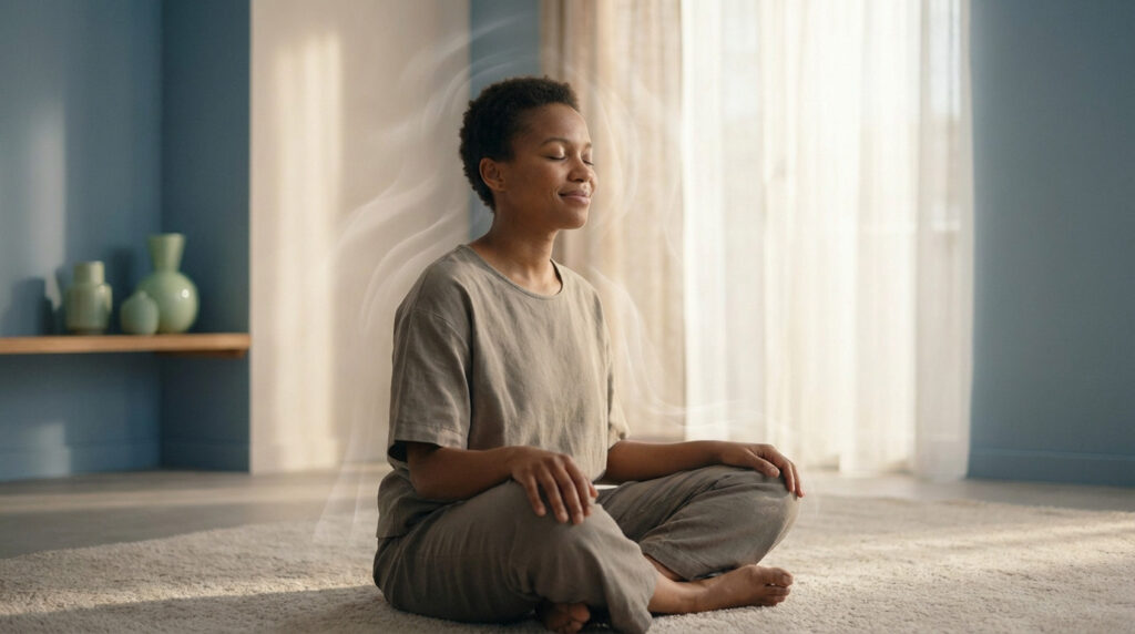 A gender-neutral individual meditating serenely in a tranquil, minimalist room with soft light and ethereal patterns around their head.