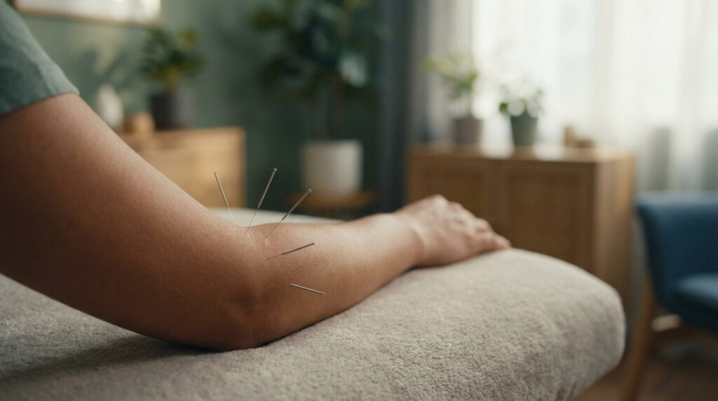 Gros plan sur un coude humain recevant des aiguilles d'acupuncture, posé sur une serviette douce.