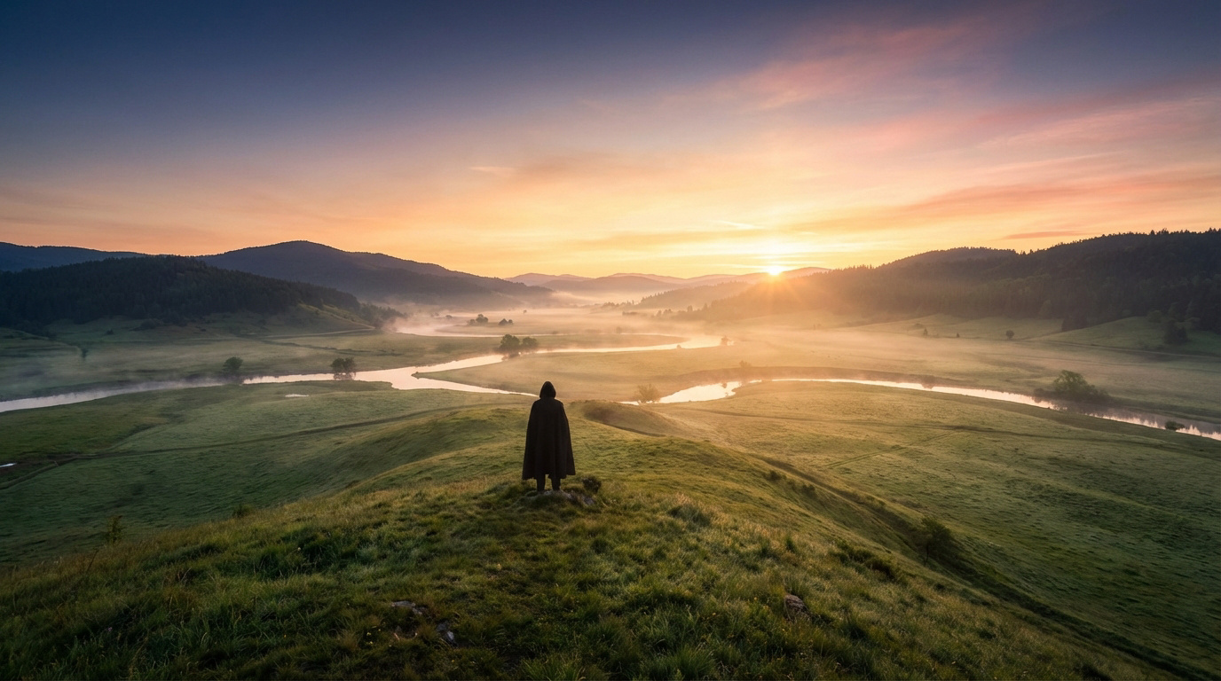 Une personne capuchonnée contemple le lever du soleil sur une vallée brumeuse traversée par une rivière sinueuse.