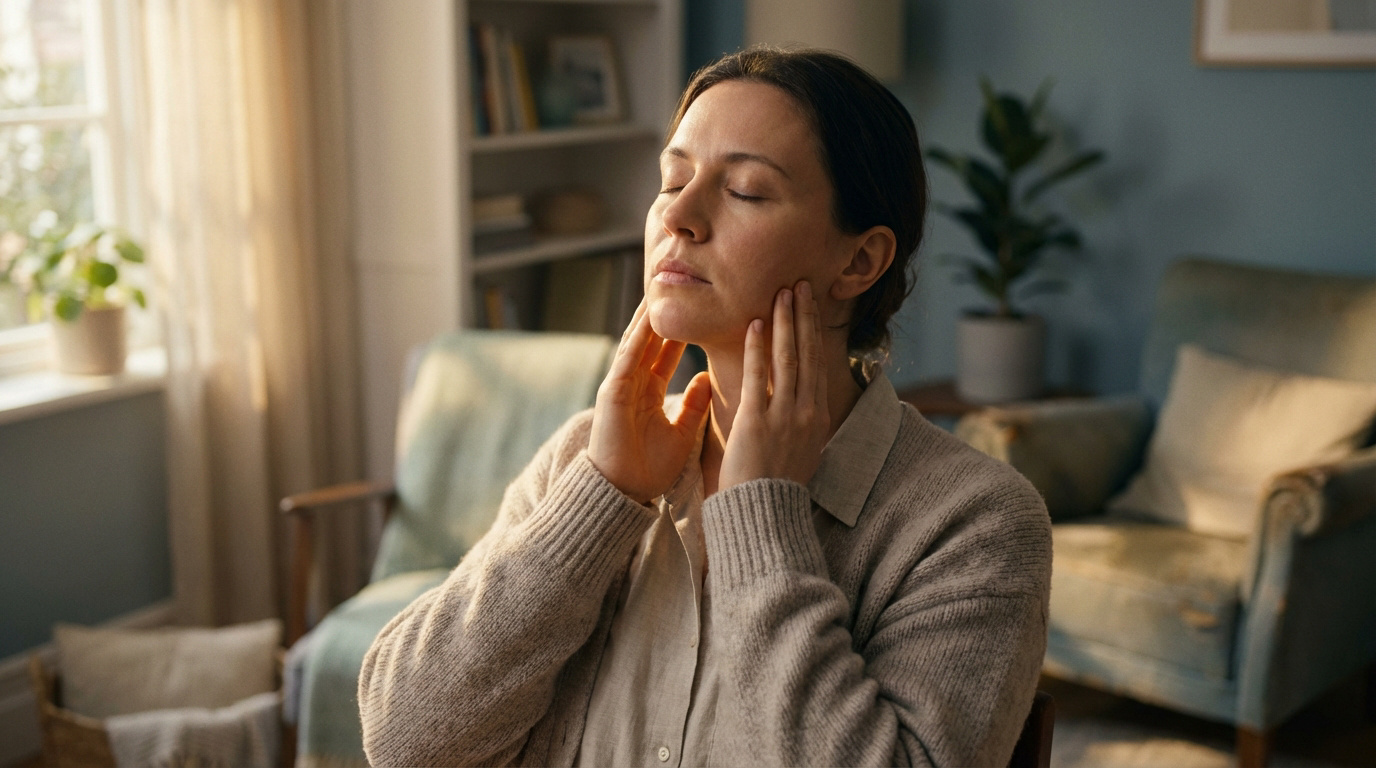 Femme aux yeux clos se massant la mâchoire et le cou, cherchant le soulagement dans un salon lumineux.