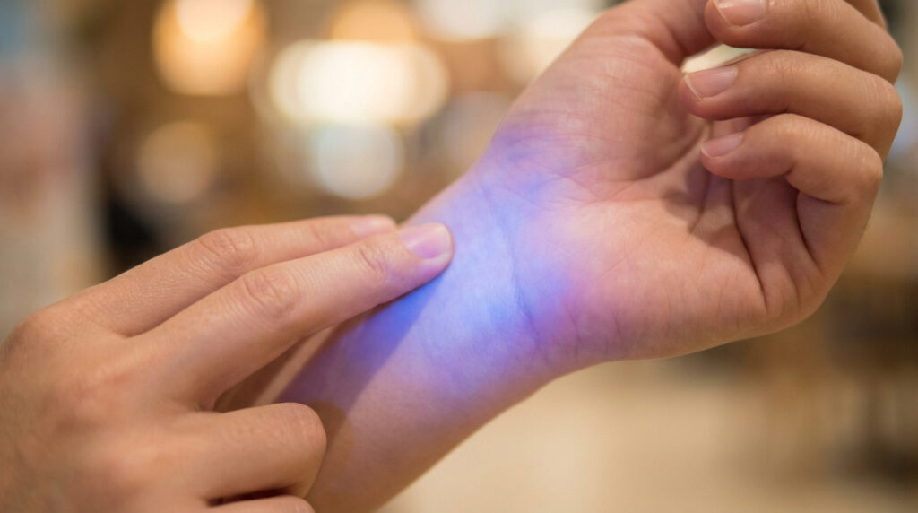 Gros plan sur une main touchant un poignet. Une lumière bleu-violette irradie de la peau, évoquant une énergie intérieure.
