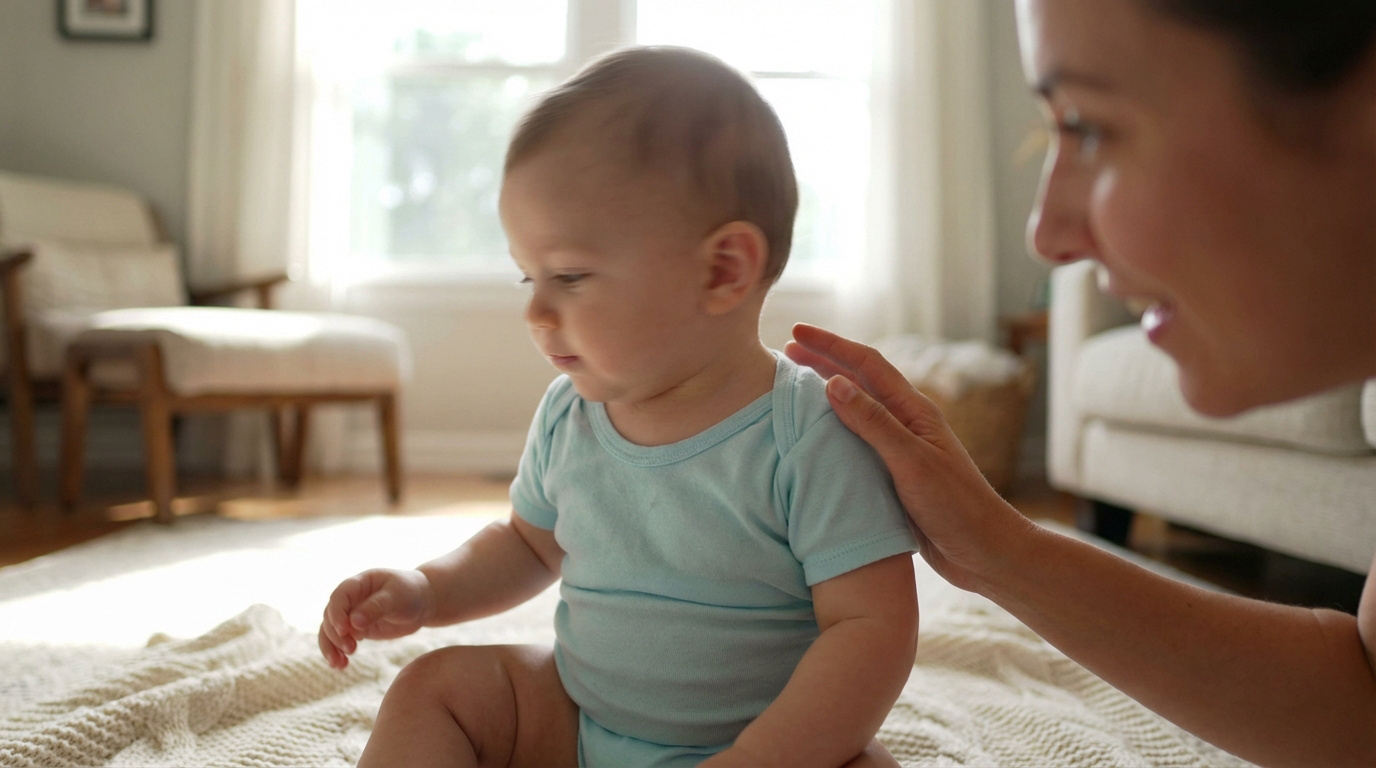 Une mère souriante observe attentivement son bébé assis sur une couverture. Sa main est posée avec tendresse sur l'épaule de l'enfant.