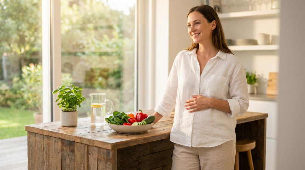 Femme souriante touchant son ventre, avec un bol de légumes frais et une carafe d'eau citronnée sur un comptoir de cuisine ensoleillée.