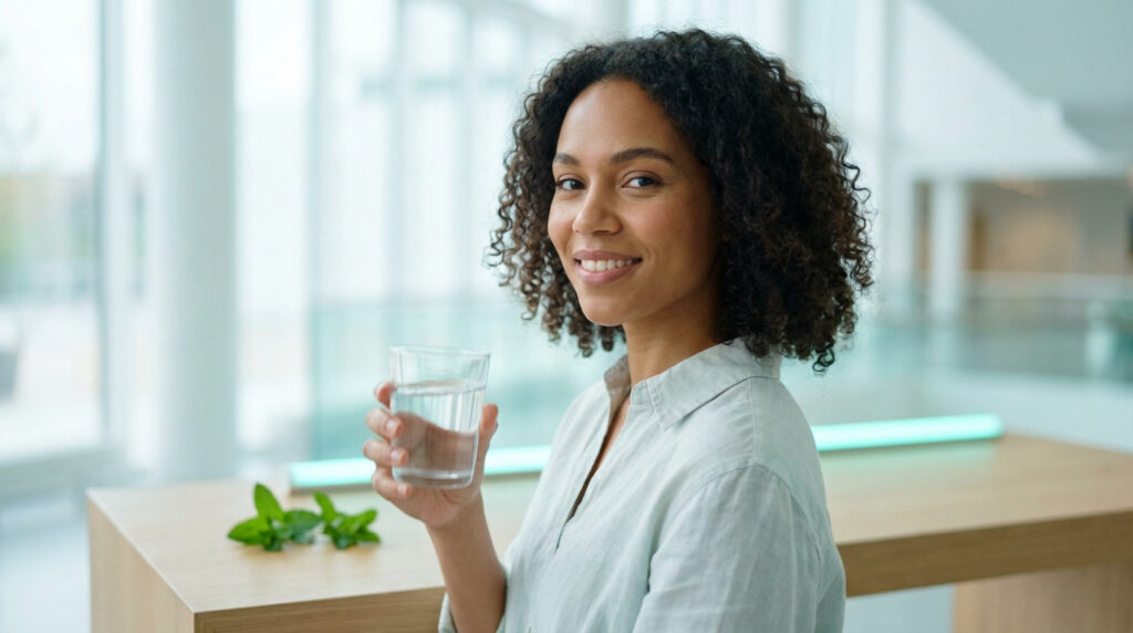 Jeune femme souriante tenant un verre d'eau, avec des feuilles de menthe fraîche sur une table.