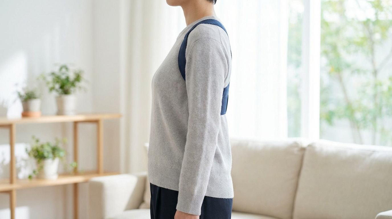 Vue latérale d'une femme portant un correcteur de posture dorsal bleu foncé sous un pull gris, dans un intérieur lumineux.