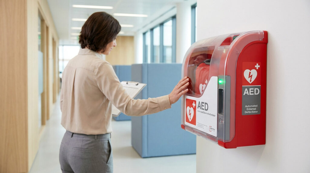 Une femme en chemise claire inspecte un DAE rouge mural dans un couloir de bureau moderne, tenant un presse-papiers.