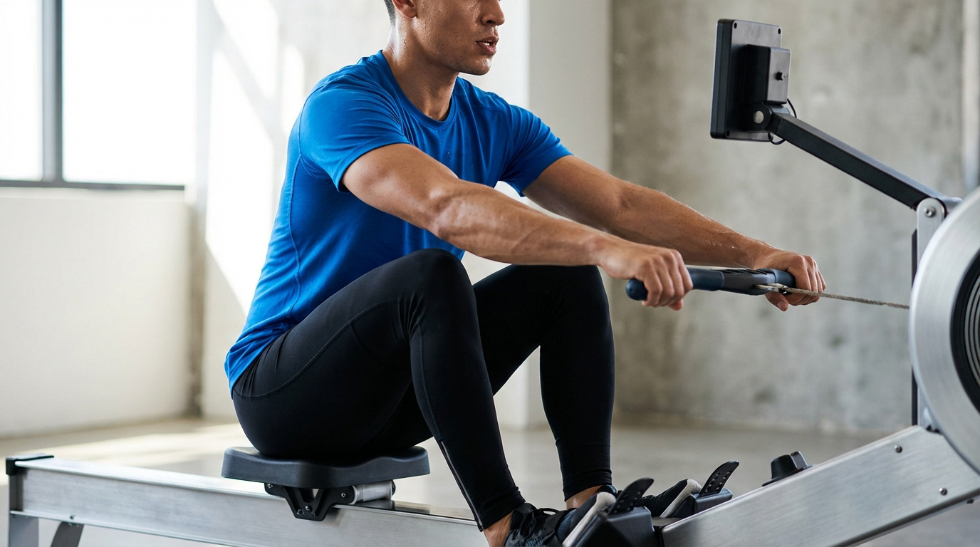 Un homme transpirant en tenue de sport bleue et noire fait du rameur, prêt à brûler des calories.