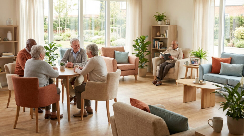 Des seniors dans un salon lumineux d'EHPAD: certains discutent gaiement autour d'une table, un autre lit tranquillement.