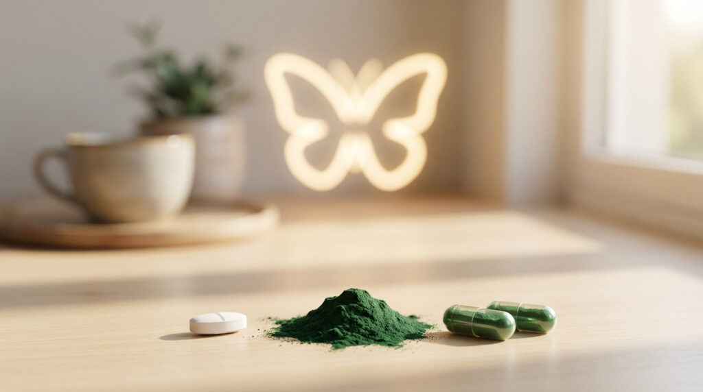 Une pilule blanche, une poudre verte de spiruline et deux gélules vertes sur une table en bois clair. Fond flou avec tasse et papillon lumineux.
