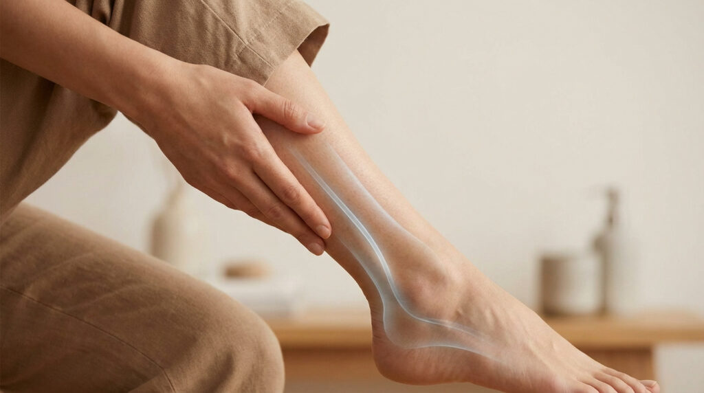 Gros plan sur une jambe et une main. Les os et le nerf sural sont représentés en surbrillance translucide.