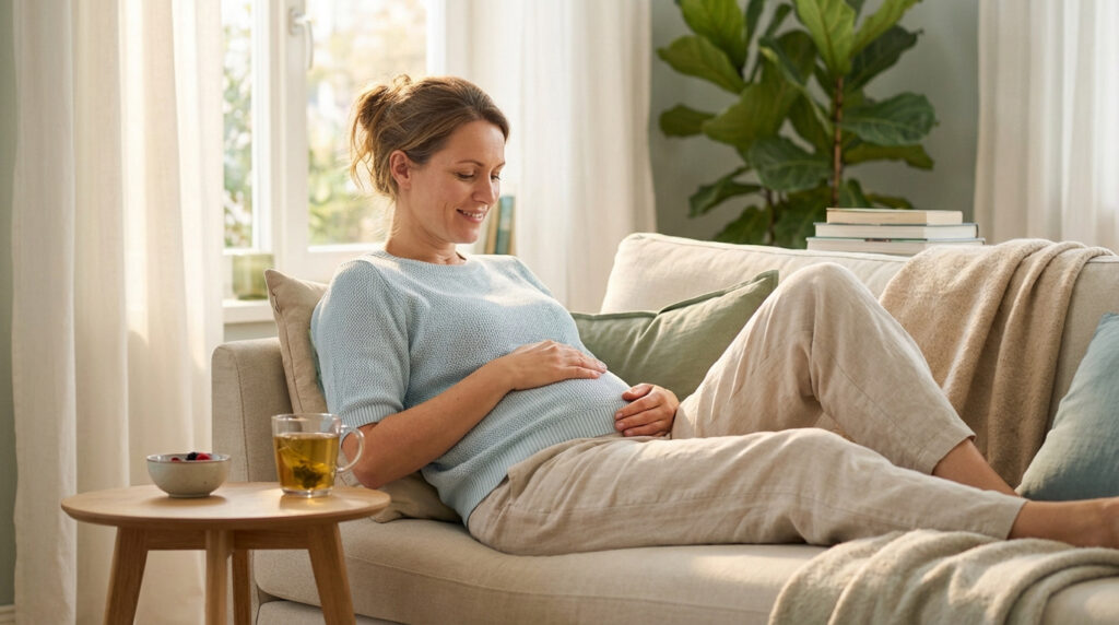 Une femme enceinte souriante se repose sur un canapé, les mains sur son ventre. Une tasse de thé est à côté d'elle.