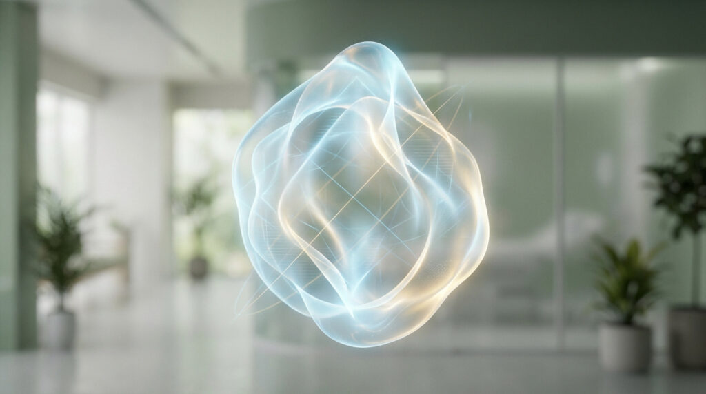 Forme abstraite lumineuse, translucide avec des lignes intérieures, flottant dans un environnement moderne flou.