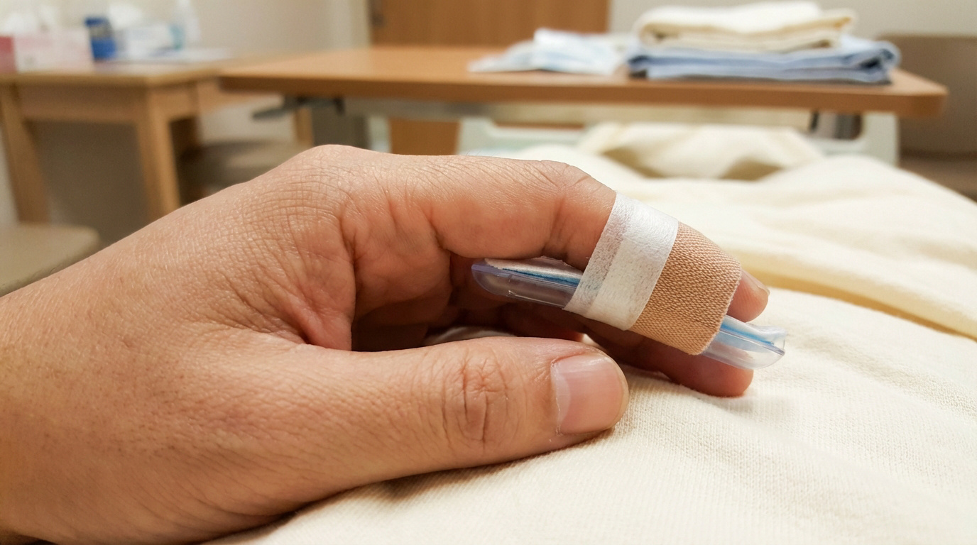 Main avec doigt immobilisé par attelle et pansement, posée sur un drap. Arrière-plan flou d'une chambre d'hôpital.