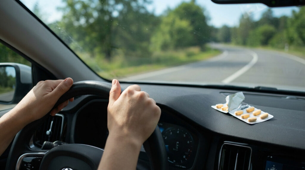 Mains sur le volant d'une voiture, avec un blister de pilules sur le tableau de bord et une route sinueuse en arrière-plan.