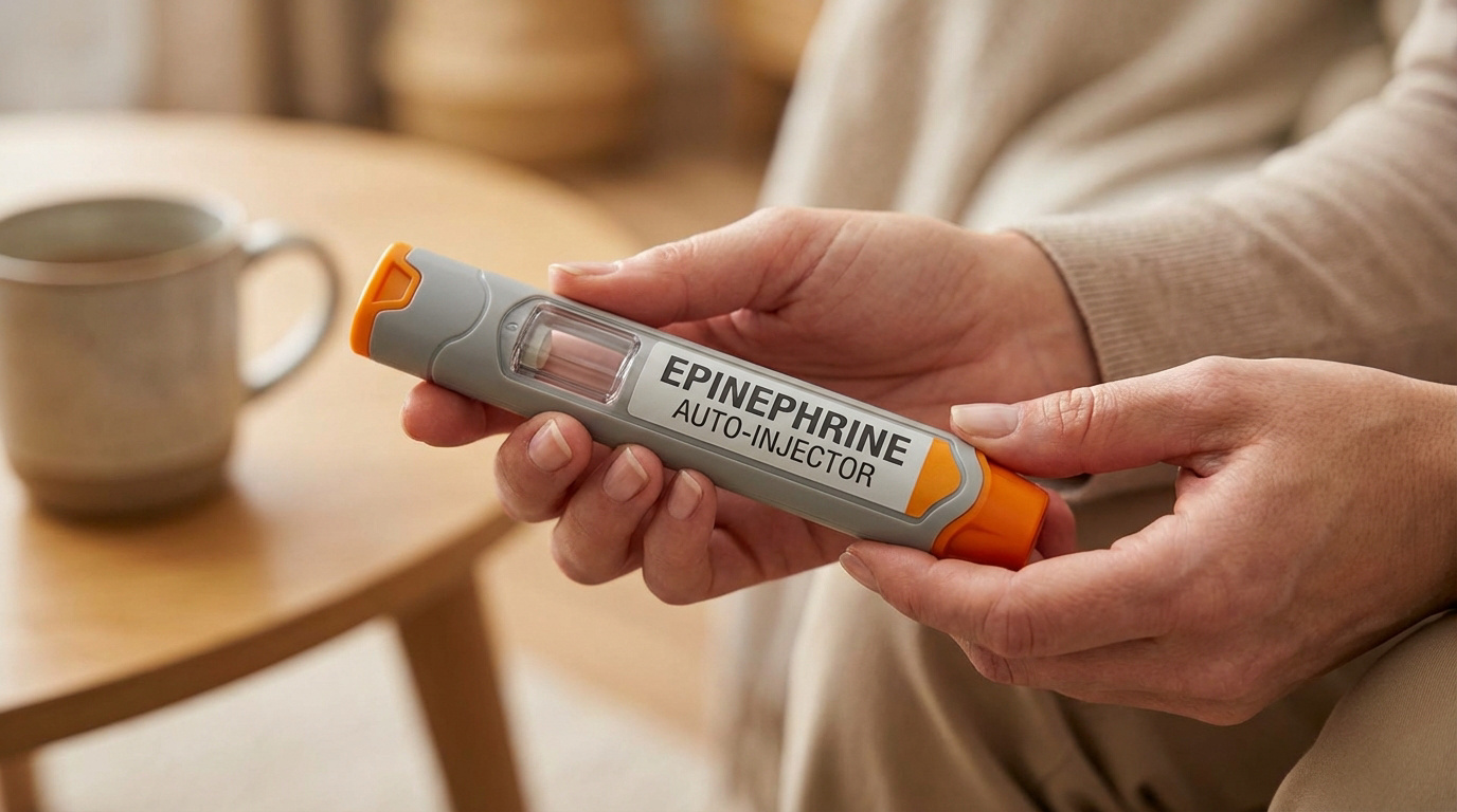 Des mains tiennent un auto-injecteur d'épinéphrine gris et orange, étiqueté. Une tasse et une table en bois sont floues en arrière-plan.
