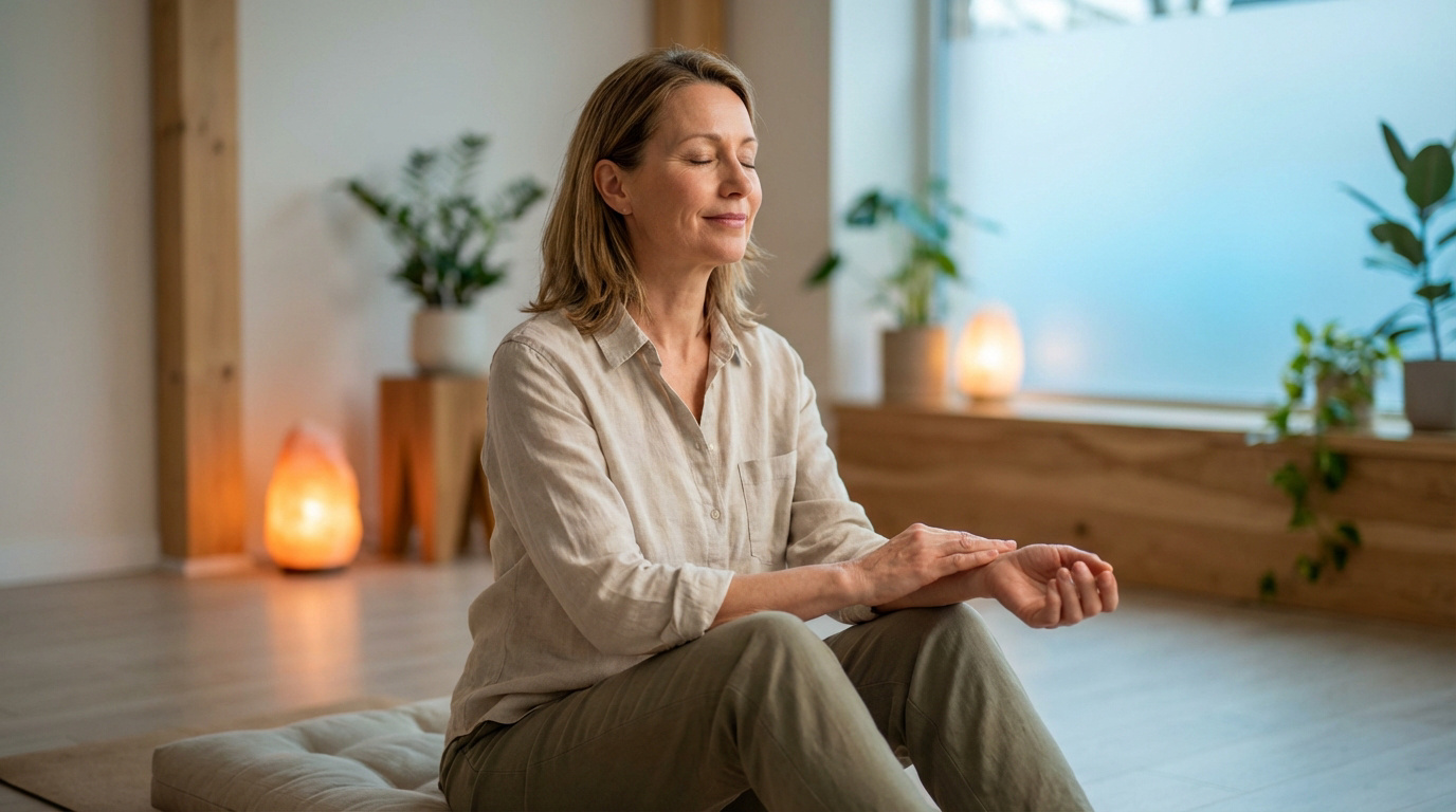 Femme aux yeux fermés assise en tailleur, touchant son poignet, dans une pièce sereine avec lampes de sel. Évoque la relaxation et l'acupuncture.