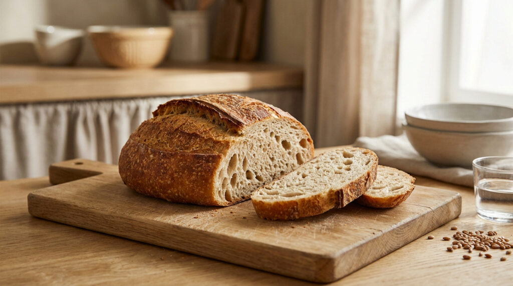 Un pain au levain doré, en partie tranché, sur une planche en bois dans une cuisine lumineuse. Des grains de blé sont dispersés.
