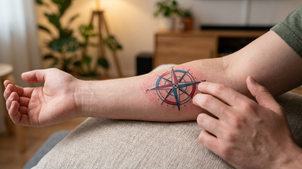 Gros plan sur un avant-bras avec un tatouage boussole et des signes de réaction allergique: rougeur et petites bosses.