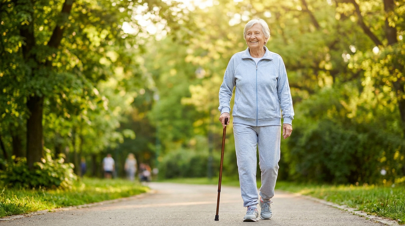 Femme âgée souriante en tenue de sport marche avec une canne sur un sentier verdoyant, illustrant la rééducation de la hanche.