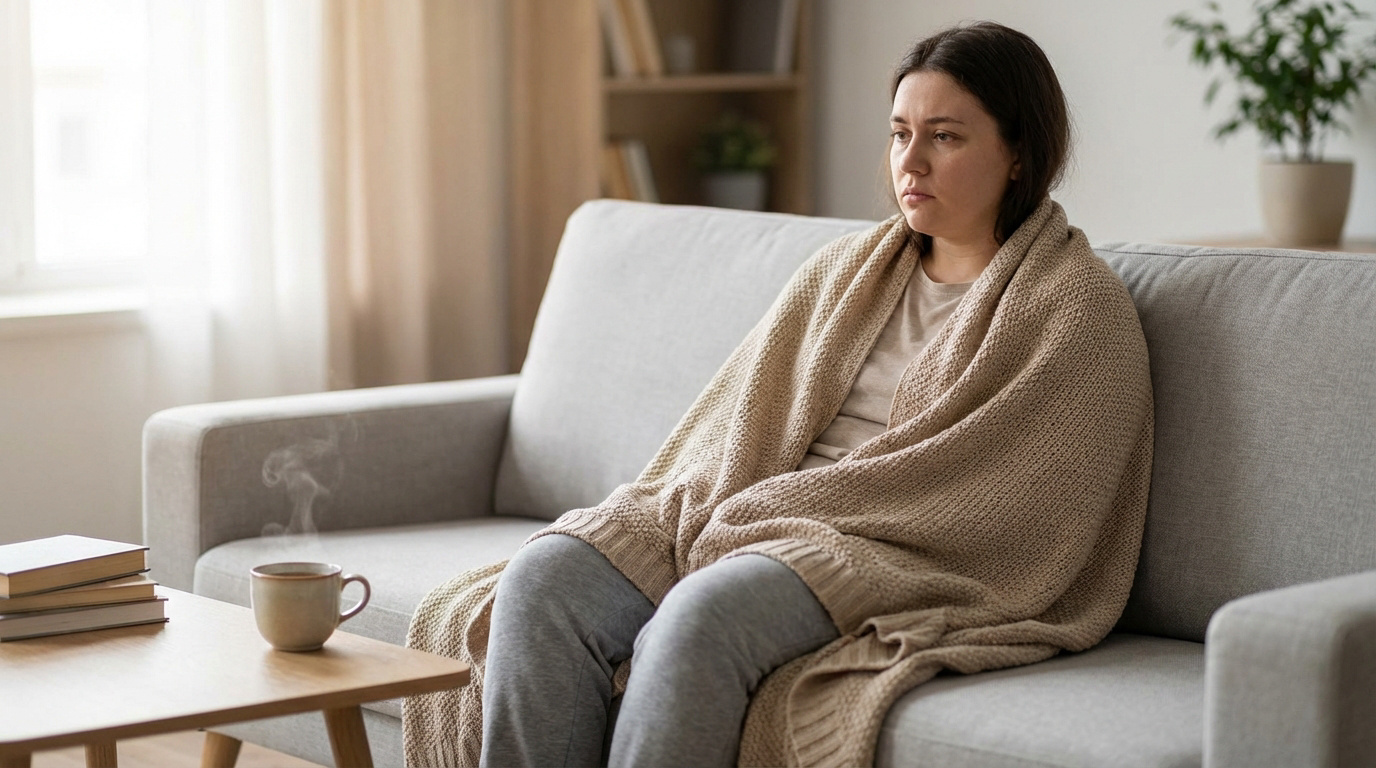 Une femme enveloppée dans une couverture tricotée beige est assise sur un canapé, l'air fatiguée, avec une tasse fumante à côté.