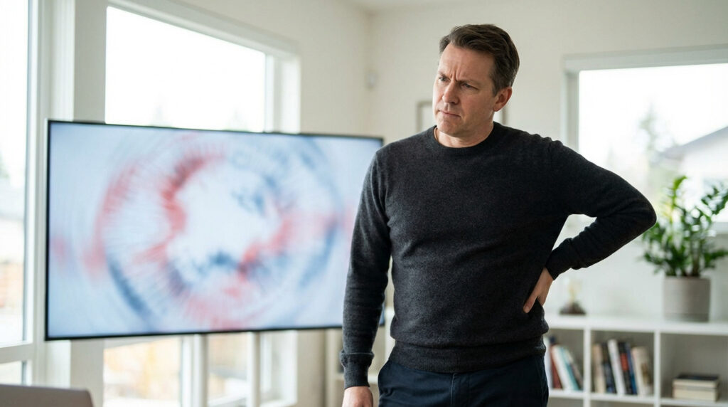 Homme d'âge moyen en pull gris, la main sur le bas du dos, l'air pensif, devant un écran abstrait et flou avec des formes rouges et bleues.