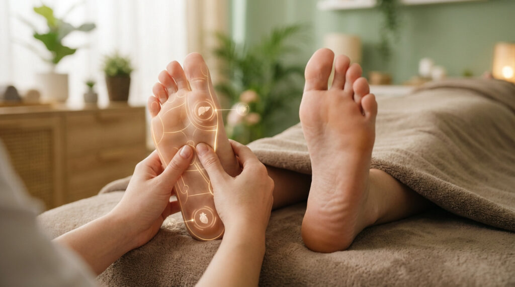 Mains massant un pied avec superpositions numériques lumineuses montrant les points de réflexologie et les organes.