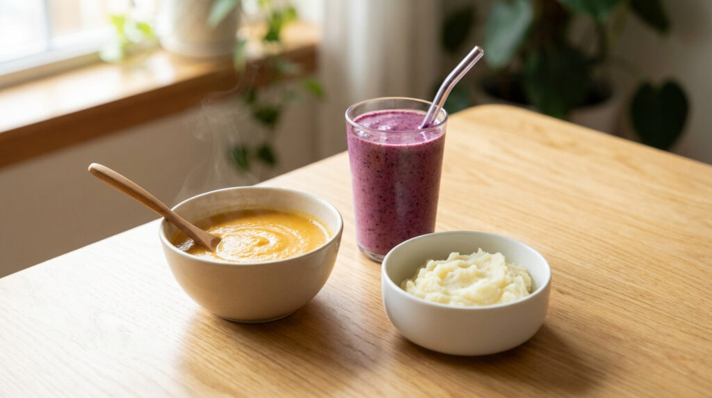 Bol de soupe fumante, smoothie aux baies avec paille, et purée de pommes de terre sur table en bois. Idéal post-op.
