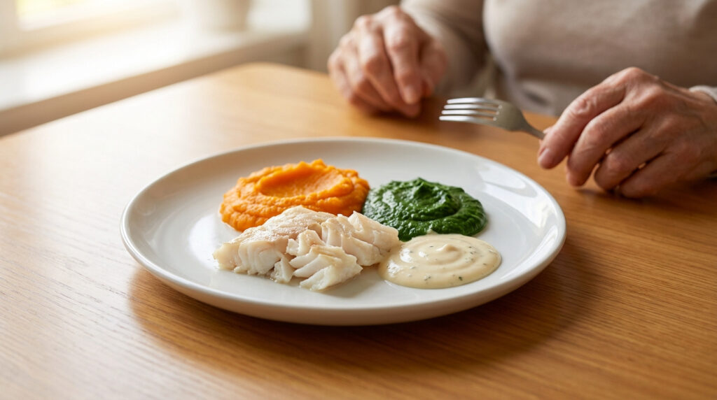 Une personne âgée s'apprête à manger une assiette équilibrée : poisson blanc, purée de légumes orange, purée d'épinards et sauce. Repas facile à manger.