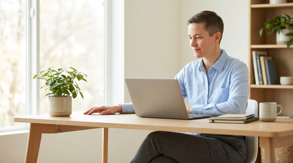Personne en chemise bleue travaillant sur un ordinateur portable à un bureau en bois, près d'une fenêtre lumineuse avec une plante.