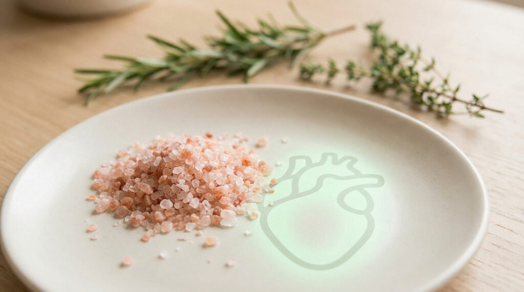 Gros plan sur du sel rose de l'Himalaya à côté d'une icône de cœur vert lumineux sur une assiette. Herbes en arrière-plan flou.