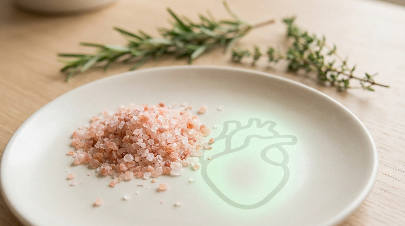 Gros plan sur du sel rose de l'Himalaya à côté d'une icône de cœur vert lumineux sur une assiette. Herbes en arrière-plan flou.
