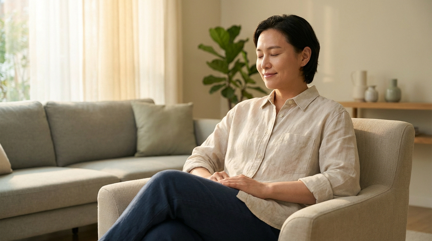 Femme asiatique aux yeux fermés, méditant calmement dans un fauteuil beige, lumière douce. Gérer le stress et la spasmophilie.